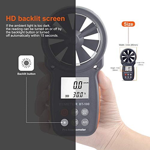 BTMETER BT-100 Digital Anemometer Handheld, Anemomters Wind Speed Meter for Measuring Wind Speed, Temperature and Wind Chill with Backlight and Max/Min/AVG for HVAC Shooting Drone