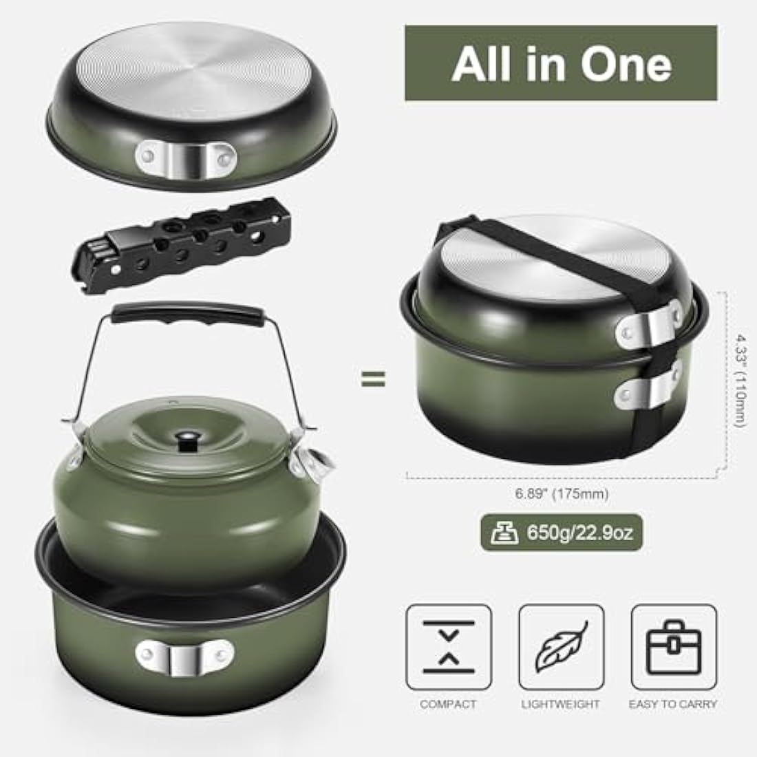 Odoland 5pcs Camping Cookware Mess Kit, Non-Stick Lightweight Pot Pan Kettle Set with a removable handle - Perfect for Backpacking, Camping, Hiking, and Picnic