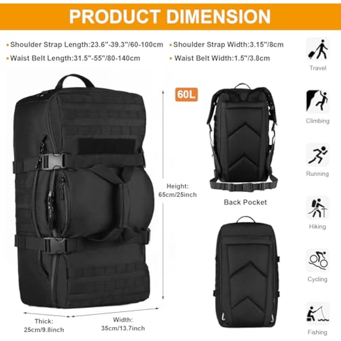 Huntvp 50L/60L Tactical Backpack, Military Backpack 3 in 1 Large Molle Backpacks, Travel Rucksack Hiking Luggage Handbag Crossbody Bag for Men Women Outdoors Hiking Hunting Travelling Camping Trekking
