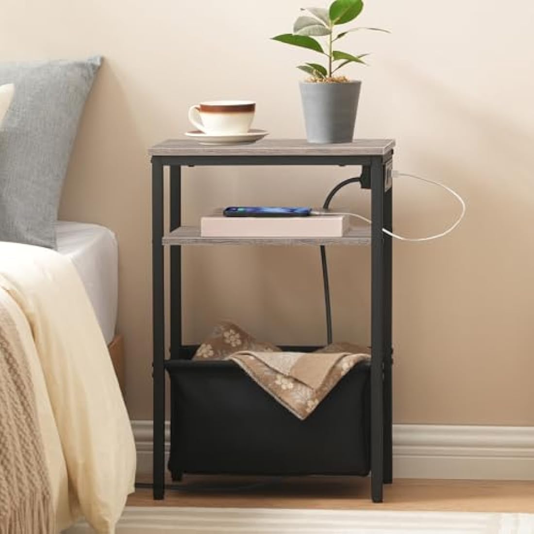 HOOBRO Narrow Side Table, Slim Side Table with Charging Station, USB Ports and Power Outlet, Bedside Table for Small Space, 40 x 20 x 60 cm, for Living Room, Greige and Black EBG125KBZ01