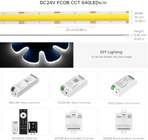 BTF-LIGHTING FCOB COB FOB Flexible High Density CCT LED Strip 2x5M 640LEDs/m DC24V 14W/M Tunable 3000K-6000K CRI＞90 Dimmable deformable LED Strip Light for DIY Interior Decoration(Strip only)