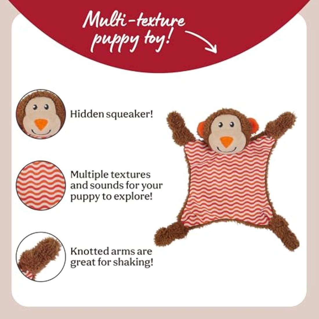 Rosewood Little Nippers Cheeky Chimp Puppy Toy – Enriching Soft Plush Dog Toy with Flat Body – Crinkle and Squeak Teething Toy for Puppies – Small Dog Chew Toy for Play and Comfort