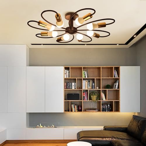 Qcyuui 8-Light Semi Flush Ceiling Light, Modern Sputnik Chandeliers Mid-Century Metal Pendant Lighting, Industrial Vintage Ceiling Lamp Fixture for Kitchen Dining Living Room Bedroom(Black&Gold)
