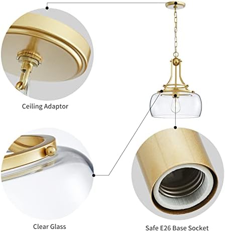 WUZUPS Chandelier Rustic Farmhouse Industrial Round Ceiling Pendant LED Light Fixture with Clear Glass Shades for Dining Room Kitchen Island Foyer Entryway, H 43 x W 34, E27 Base, Gold
