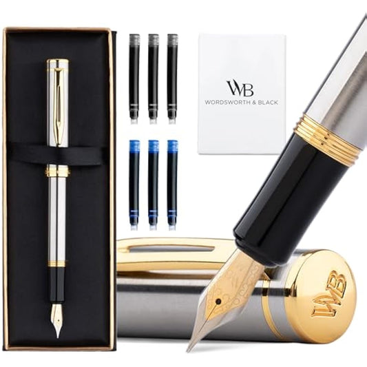 Wordsworth and Black Fountain Pen Mini EDC: Luxury Silver Heavy Pocket Pen, Gold Finish, Medium Nib, 6 Ink Cartridges, Ink Converter, Travel Refillable Writing Pen Gift Set, Men & Women