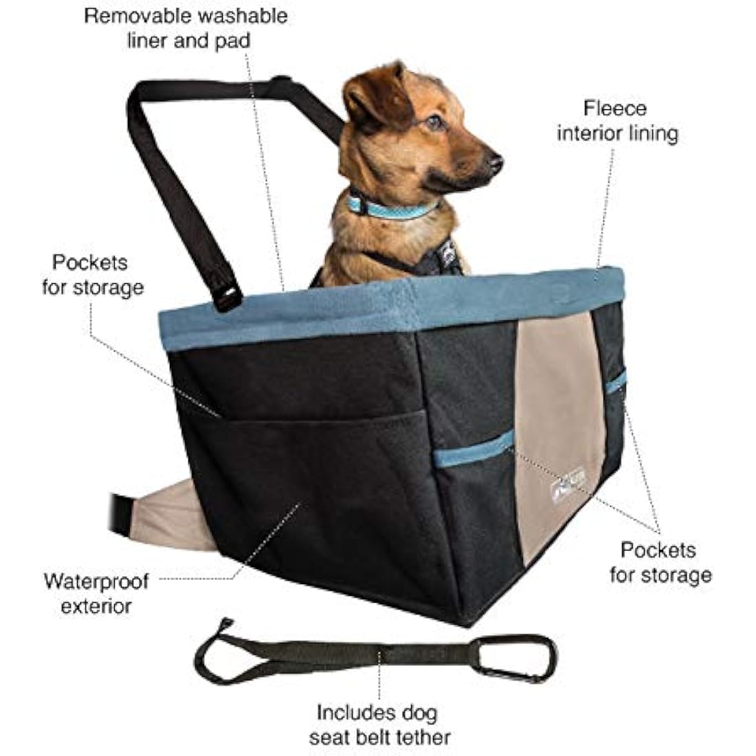 Kurgo Rover Car Booster Seat for Dogs, Quick & Secure Installation, Includes Seat Belt Tether, Fleece Lining, Black/Blue