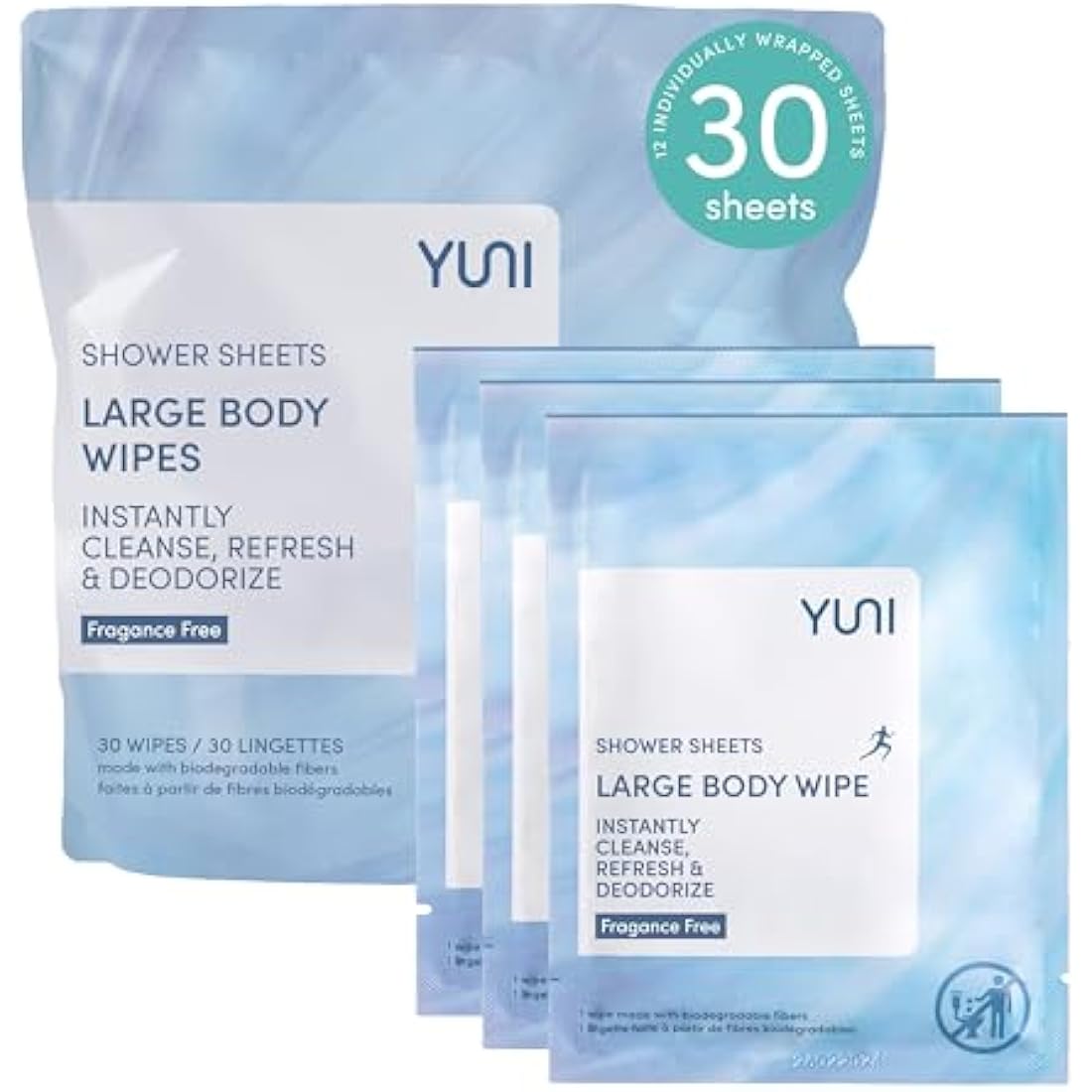 YUNI Beauty Large Body Wipes (Unscented, 30 Count) Super Soft Moist Showerless Wipes that Cleanse & Deodorize - On-the-Go Waterless Body Cleanser - Biodegradable Individually Wrapped Wipes for Travel