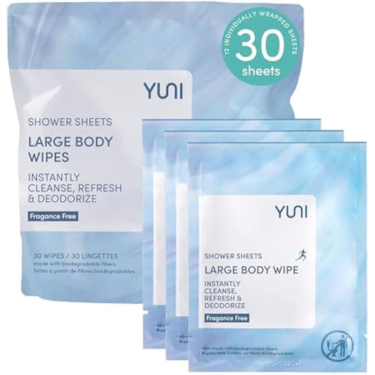 YUNI Beauty Large Body Wipes (Unscented, 30 Count) Super Soft Moist Showerless Wipes that Cleanse & Deodorize - On-the-Go Waterless Body Cleanser - Biodegradable Individually Wrapped Wipes for Travel