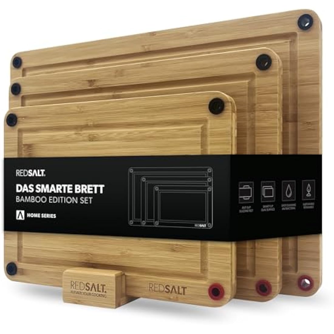 REDSALT® Innovative Organic Bamboo Wooden Chopping Board, Set of 3, Non-Slip, 38 x 26, 32 x 22, 26 x 18 cm Wooden Sustainable Kitchen Board Reversible Antibacterial Deep Juice Groove, FSC Gift BBQ
