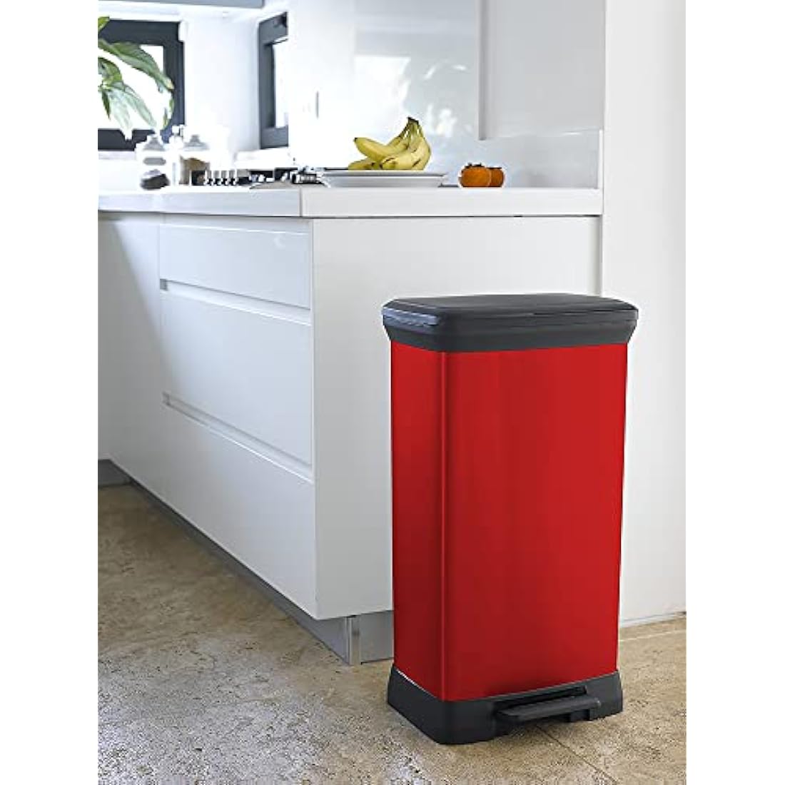 Curver Metal Effect 70% Recycled Kitchen Pedal Touch Deco Bin 50 Litres - Red