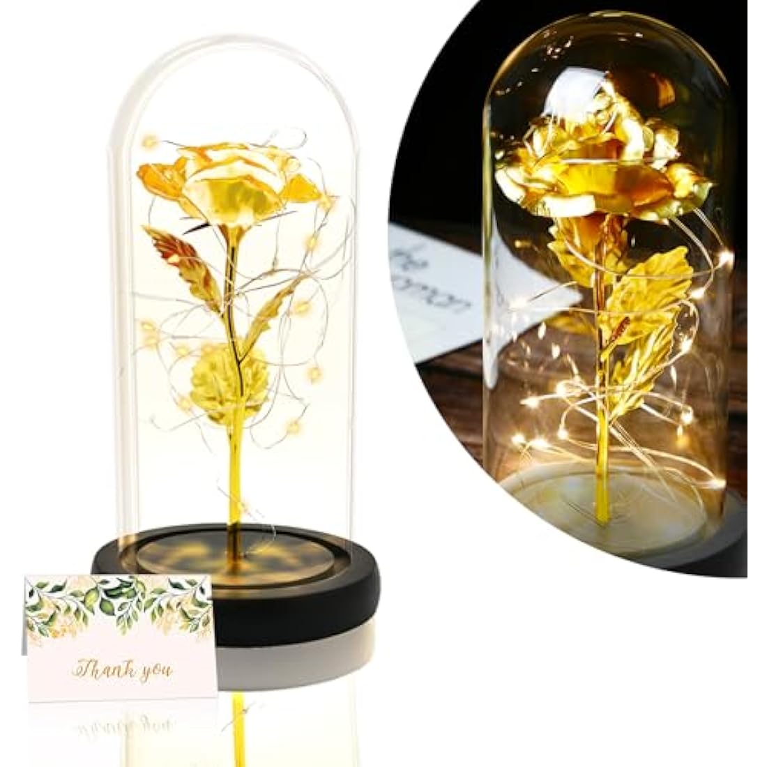 TINYOUTH Golden Rose in Glass Dome Black Wooden Base, Light Up 24K Eternal Rose Batteries Included for Wedding Anniversary Mama Valentines Christmas Birthday