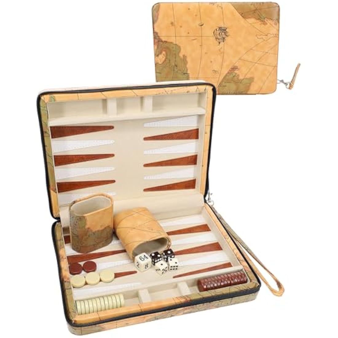 WE Games Travel Backgammon Set - Magnetic Board Game with 30 Chips, 2 Vinyl Dice Cups, 4 Dice & Tan Map Leatherette Case