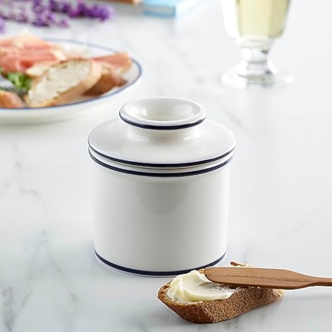 Butter Bell - The Original Butter Bell Crock by L Tremain, a Countertop French Ceramic Butter Dish Keeper for Spreadable Butter, Parisian Bistro Style with Blue Trim
