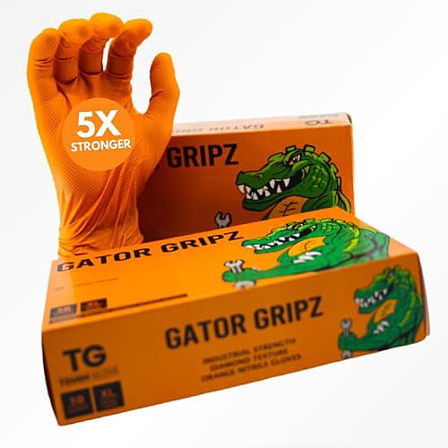 TG TOUGH GLOVE Gator Gripz Nitrile Gloves (Pack Of 50) | Diamond Texture Orange Disposable | Powder & Latex Free | Strong Heavy-Duty (XXL)