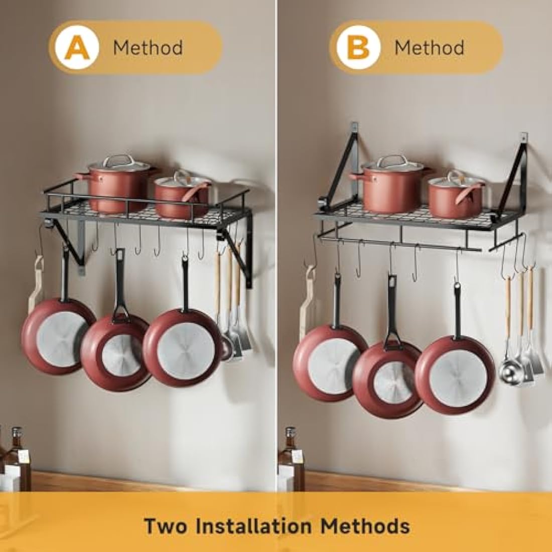 XEMQENER Wall Hanging Pan Pot Rack with 10pcs Removable Hooks, 45cm Wall Shelf with Towel Bar, Kitchen Bathroom Utensils Organizer, Hanging Shelving (45 * 24 * 25cm)
