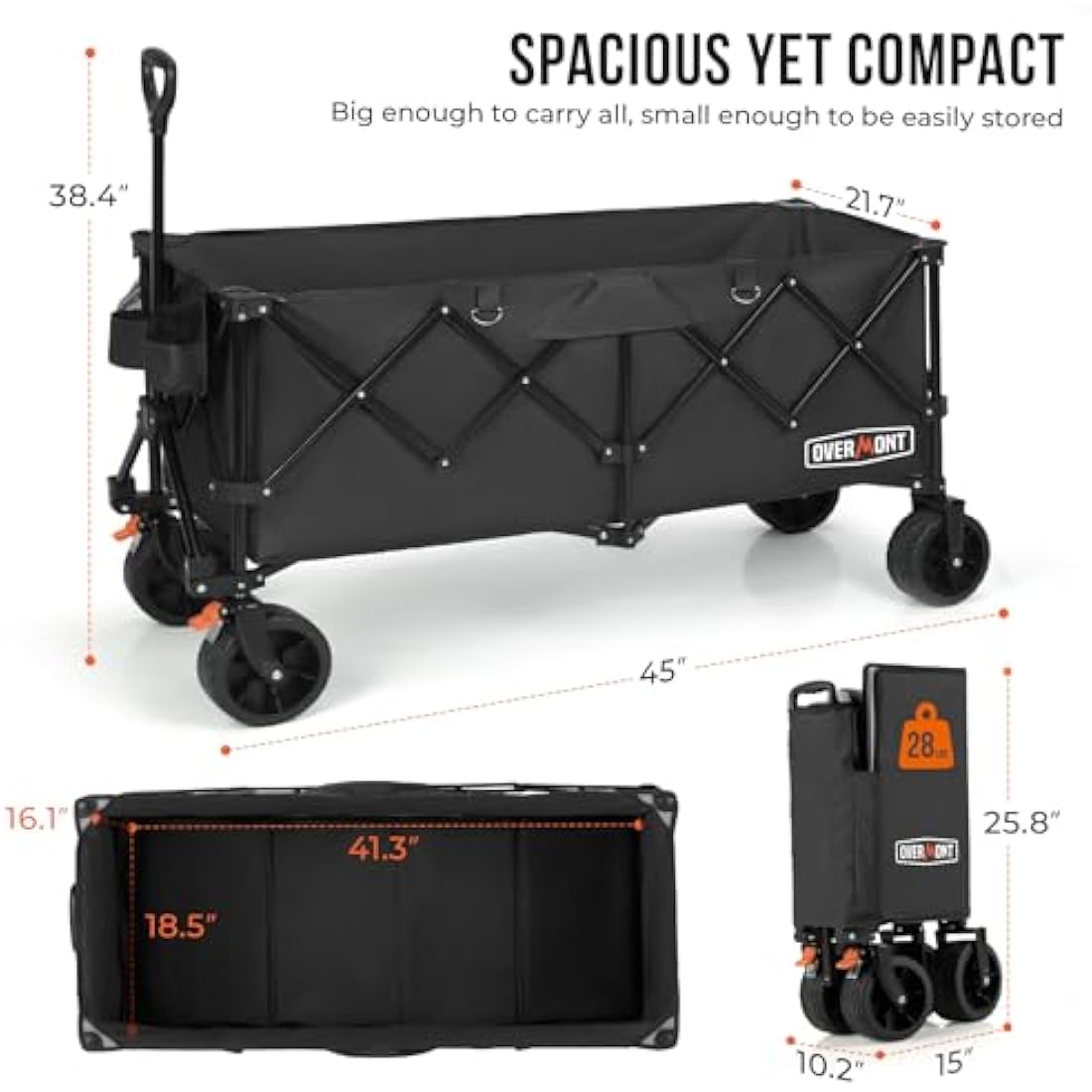 Overmont 300L Extra Large Folding Festival Trolley Cart - All-terrain Wide Wheels and Brake - Heavy Duty Cart Load up 200KG - with Adjustable Handle & Cover Bag - Wagon for Beach Camping Garden