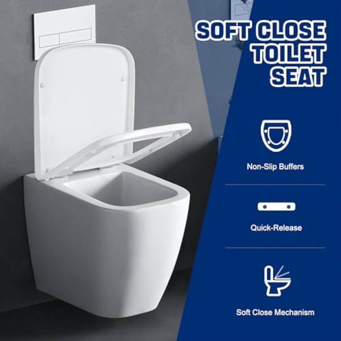 Mass Dynamic Square Toilet Seat- with Soft Close & Quick Release for Easy Cleaning, Universal Toilet Seat for Square Shaped Toilet Pans, Top Fixing Easy Installation (40.0cm L x 36cm W), White