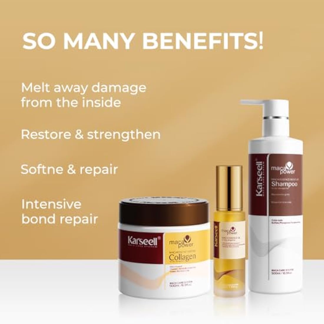 Karseell Maca Essence Moisturizing Repair Set: Collagen Hair Mask 500ml, Shampoo 500ml & Maca Essence Oil 50ml - Argan Oil Treatment for Dry Damaged Hair, All Types