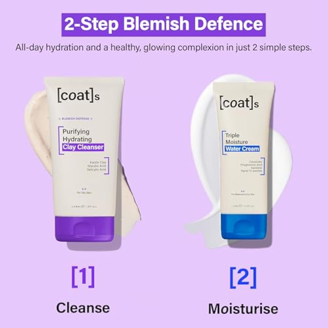 Coats Daily Blemish Defence Duo for Oily Skin – Purifying Hydrating Clay Cleanser 150 ml + Triple Moisture Water Cream 75 ml – Helps Prevent Breakouts + Protect the Skin Barrier