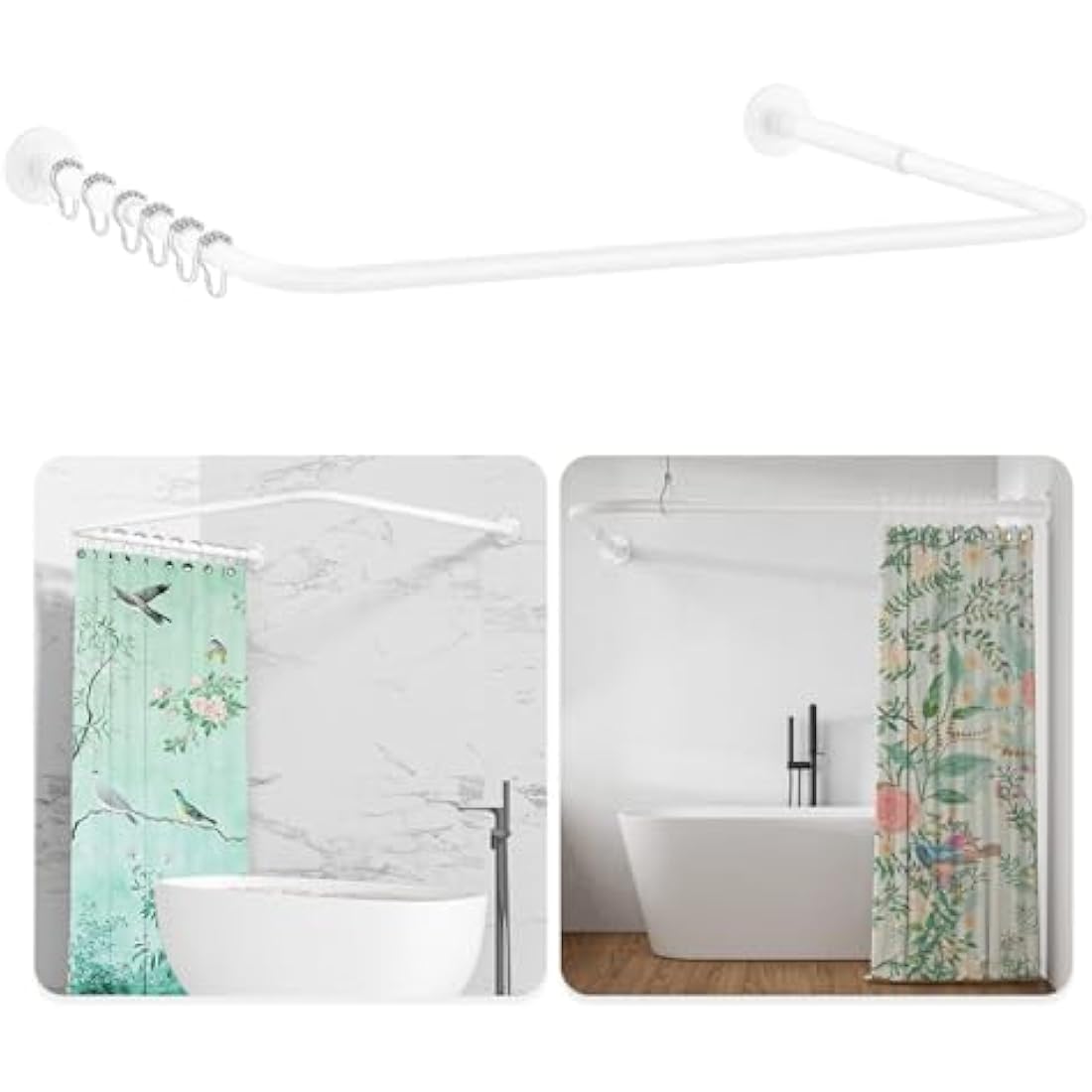L Shaped/U Shaped Shower Curtain Rail, [60-92]X[78-198]X[60-92]cm Adjustable Shower Curtain Pole, Wall Mounted Curved Shower Rail With 12 Rings & Ceiling Support For Bathroom Bathtubs, Need Drilling
