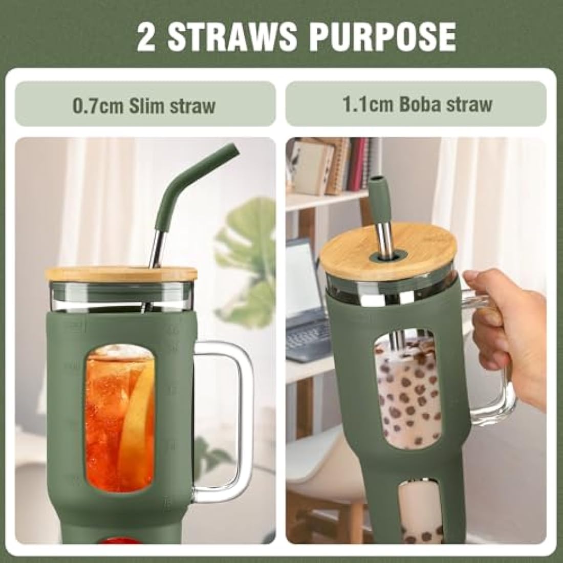 BLUEGO Glass Tumbler with Lid and Straw, 1400ml Iced Coffee Cup with Handle, Glass Water Bottles with Silicone Sleeve, 1.4L Glass Cup with 2 Straws, BPA Free, Olive