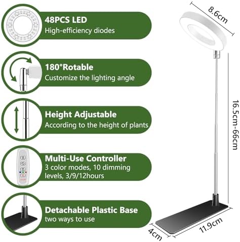 Kullsinss Grow Lights for Indoor Plants Full Spectrum Halo Growing lamp with Detachable Base Height Adjustable 3 Colors 10 Dimming Automatic Timer Plant Light for Small Plants Growing 2-Pack BL-C10B
