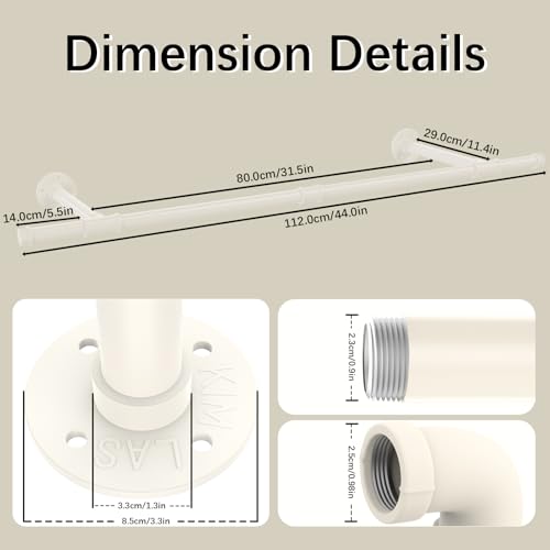 Yawinhe Wall Mount Removable Clothes Rack Set of 2, 112cm Space Saving Hanger, Industrial, Heavy Duty Detachable Wardrobe Rail for Bedroom Storage,