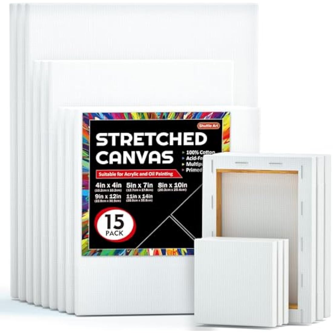 Shuttle Art Canvas for Painting, 15 Multi Pack Stretched Blank Canvas Boards, 4x4, 5x7, 8x10, 9x12, 11x14 Inches (3 of Each), Primed White Painting Canvas, Canvases for Acrylic, Oil Painting