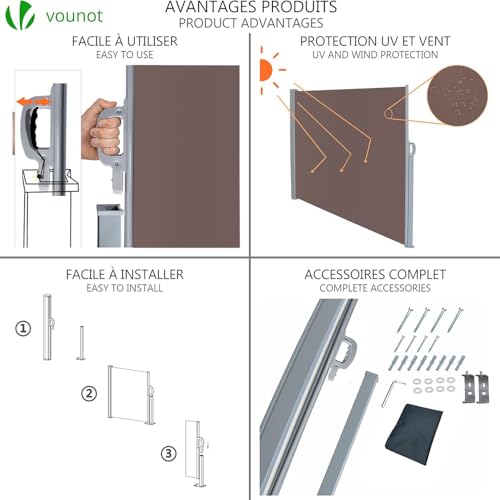 VOUNOT? Side Awning Retractable, Outdoor Privacy Screen for Garden, Balcony, Terrace, 140 x 300 cm, Brown