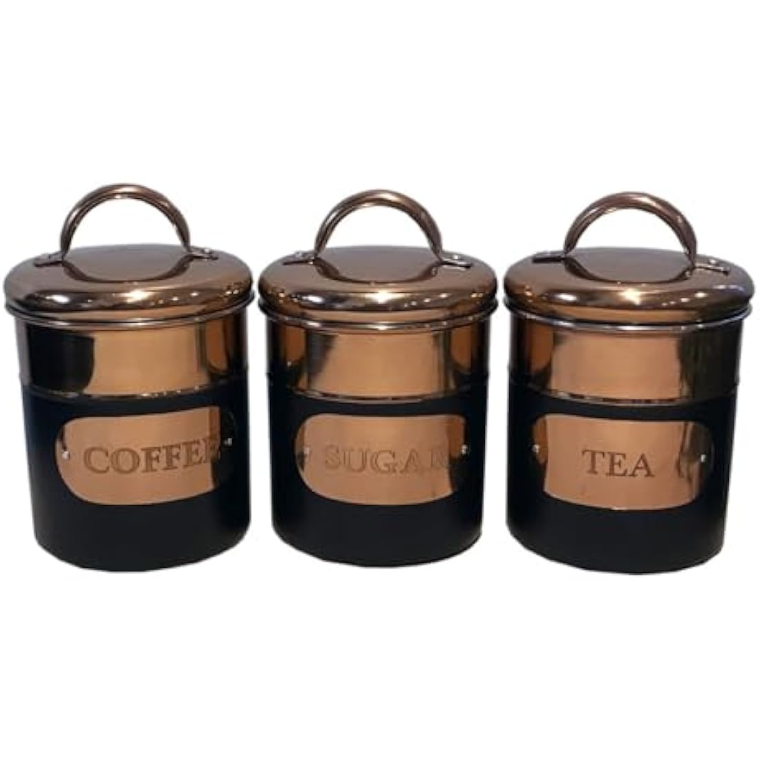 Black & Copper Metal Tea Coffee Sugar Storage Canister Set Jar Pots Tins