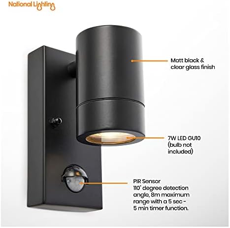 National Lighting PIR Outside Lights - Outdoor Security Lights - Matt Black Motion Sensor Presence Detector External Lantern Light - IP44 Rated 7W 240V LED GU10 Lamp (Not Included)