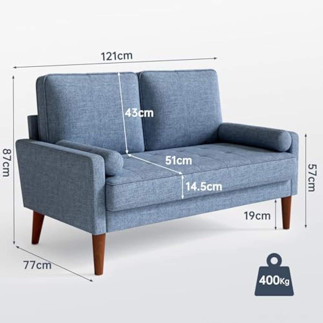 Vesgantti Small 2 Seater Blue Comfy Linen Modern Love Seat Sofa for Living Room & Bedroom