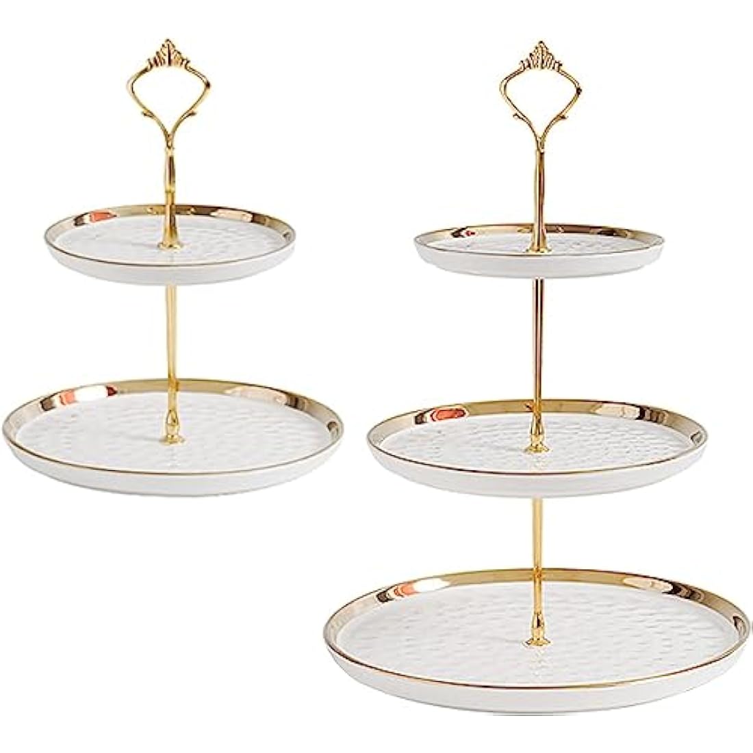 MEETOZ 2 Set of Round Porcelain Tiered Cupcake Stand, Dessert Plates Stand Tiered Serving Trays with Gold Rod,3 Tiers and 2 Tiers Cake Stand Party Serving Trays Fruit Pastry Holders(White)