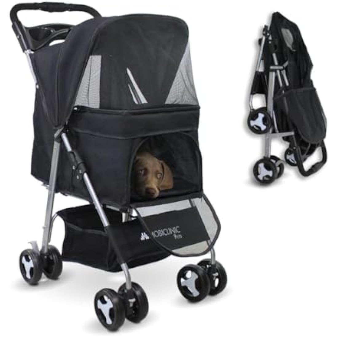 Mobiclinic® Pets Foldable Dog Pram, Up to 15 kg, Ideal for Small Dogs, Pet Stroller, Zuma, Wheels with 360° Brakes, XXL Basket, 3 Windows with Zip and Mosquito Net, Cup Holder (Black)
