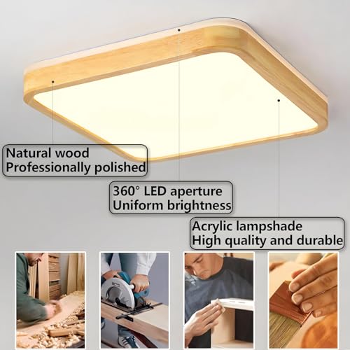 YYUTLUO LED Ceiling Light Wood, Top 360 Glow Square Natural Wooden Lamp | 4500K Natural White, 18W 1600lm | Living Room, Kitchen, Dining Room,