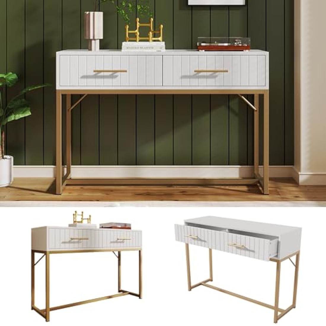 Merax Modern Desk with Drawers 2, Dressing Table with Ribbing Drawer Fronts, Wooden Vanity Desk, Golden Metal Legs, Makeup Desk Storage Table for Bedroom Living Room, White, 100 x 45 x 75cm