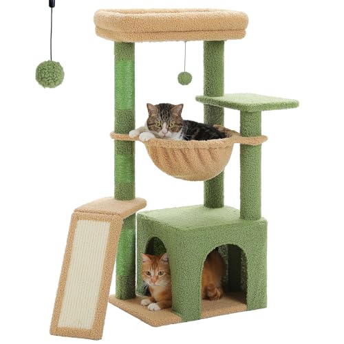 PAWZ Road Cactus Cat Tree for Indoor Cats with Large Condo, 1 Sisal Board, 3 Scratching Posts, Cat Scratching Tower with Large Hammock&Perch 90cm