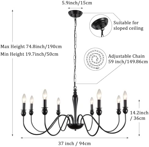 ASHUAQI Black Chandelier, 8-Light Farmhouse Chandeliers Ceiling Light, E14 Socket Pendant Light Fitting Industrial Black Ceiling Lights for Living Room, Kitchen, Hallway, Dining Room, Bedroom