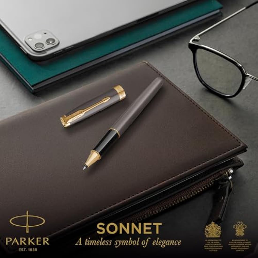 PARKER Sonnet Rollerball Pen | Grey Lacquer with Gold Trims | Fine Stainless Steel Point | Black Ink Refill | Gift Box | Perfect Graduation Gifts