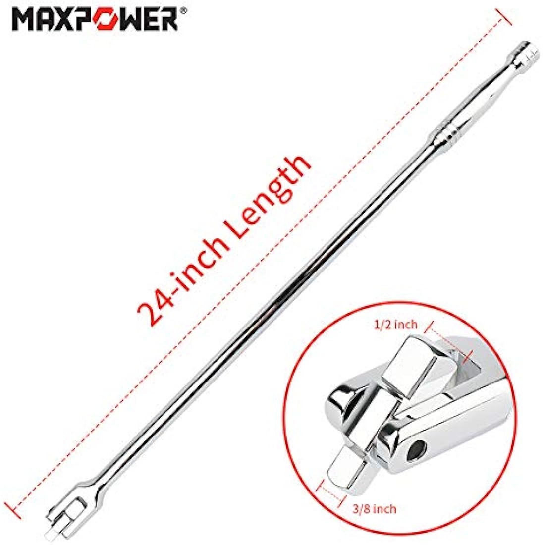 MAXPOWER 2 in 1 Breaker Bar Wheel Nut Spanner Flexible Handle Dual-Drive with 1/2" and 3/8" Nut Sq. Drivers, (24"/600mm)