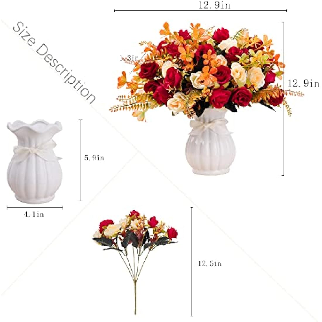 LESING Artificial Silk Rose with Vase Fake Flowers Wedding Flowers Bouquets Arrangement Home Office Party Centerpiece Table Decoration (Red-1)
