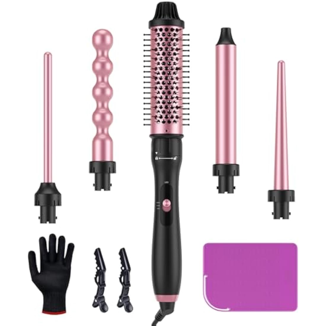 LANDOT 5-in-1 Curling Wand with Thermal Brush: Curling Iron Tongs Set & 4 Interchangeable Ceramic Barrels (9-32mm) - Adjustable Temp Instant Heat Up Long Lasting Curls