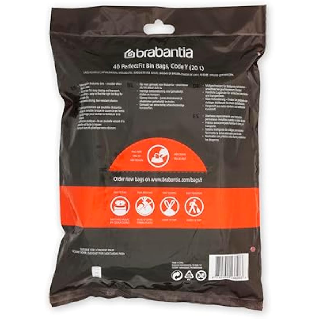 Brabantia 138263 PerfectFit Bin Liners (Size Y/20 Litre) Thick Plastic Trash Bags with Tie Tape Drawstring Handles (40 Bags), White