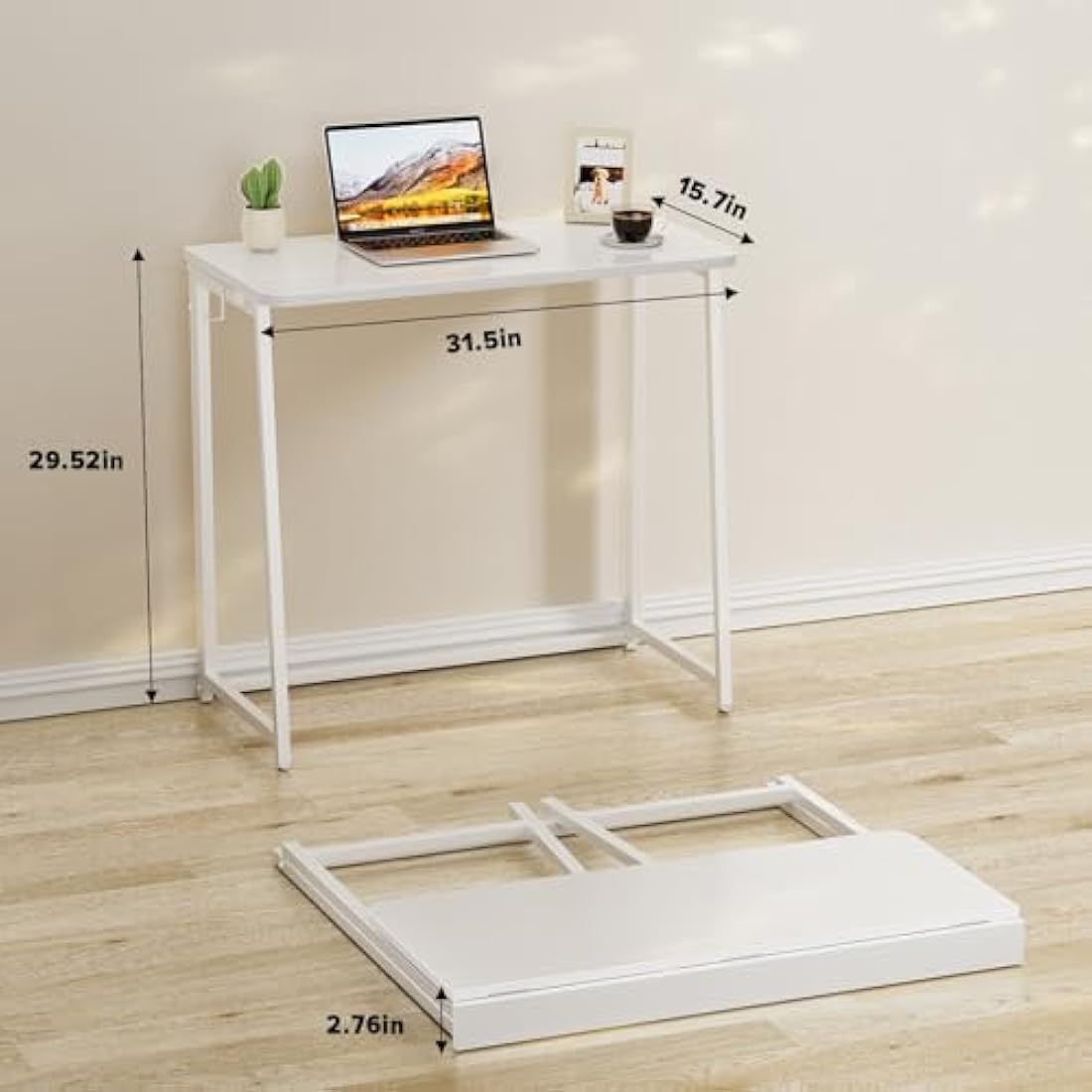 WOHOMO Folding Desk,80cm Small Desk for Small Spaces,Easy Assemble Foldable Computer Desk for Laptop,Mini Portable Working Table Narrow Wooden Writing Workstation for Home Office,White