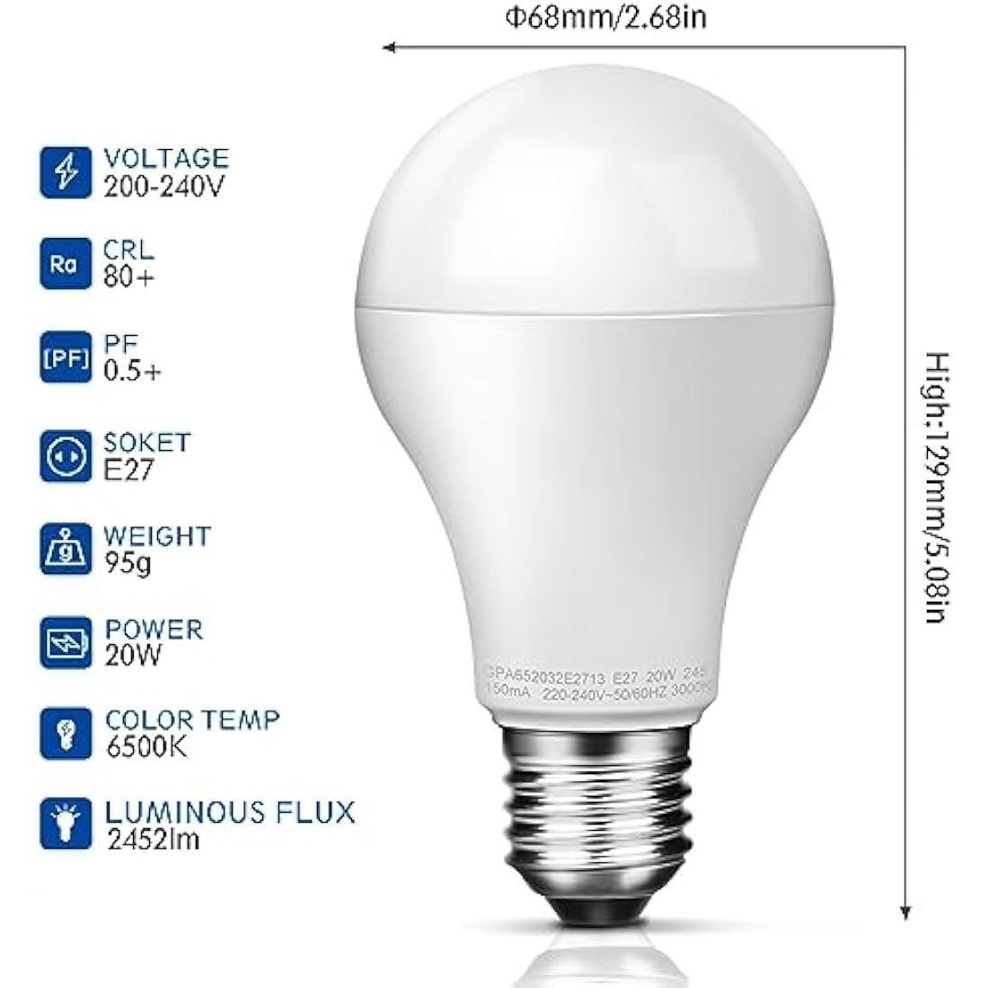 Awenia LED Light Bulb E27 Cool White A65 Edison Screw,20W 2452 lumens 6500K=150W Incandescent Bulb Golf Ball, Pack of 4