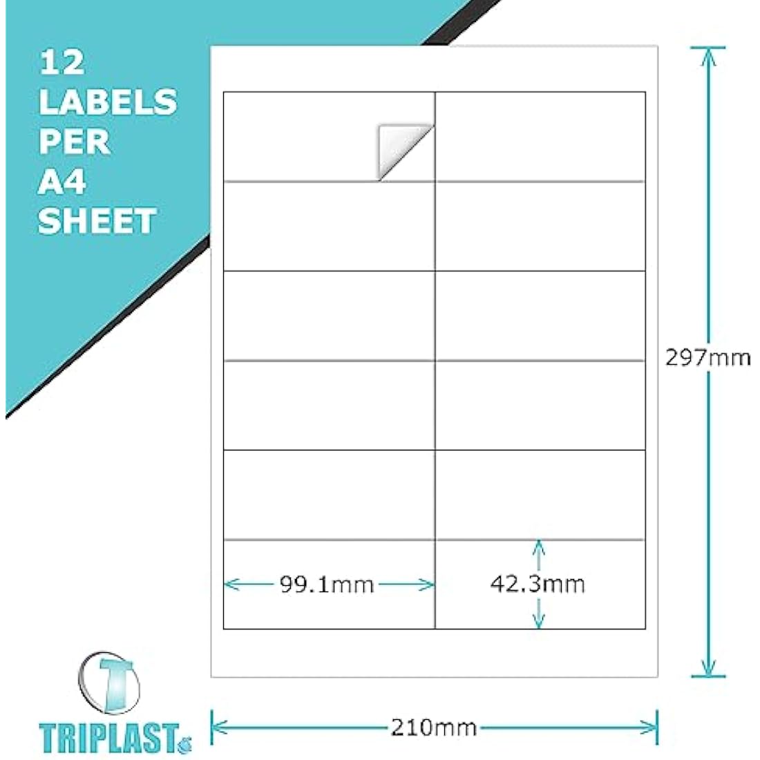 Triplast 100 x Multipurpose A4 Label Sheets - 12 Labels Per Sheet (99 x 42mm Each) - Easy Peel White Labels for Inkjet & Laser Printer - Address Labels, Shipping Labels, File Labels, DIY Stickers