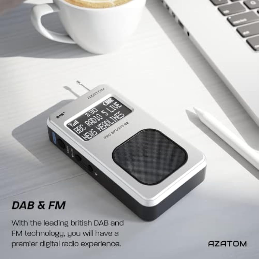 Portable DAB/DAB+ & FM Digital Radio | Sports Earphones Included | Built in Speaker | Rechargeable Battery (10-12 Hours) | Perfect for Sports, Hiking or Working | AZATOM Pro Sports S2 (Silver)