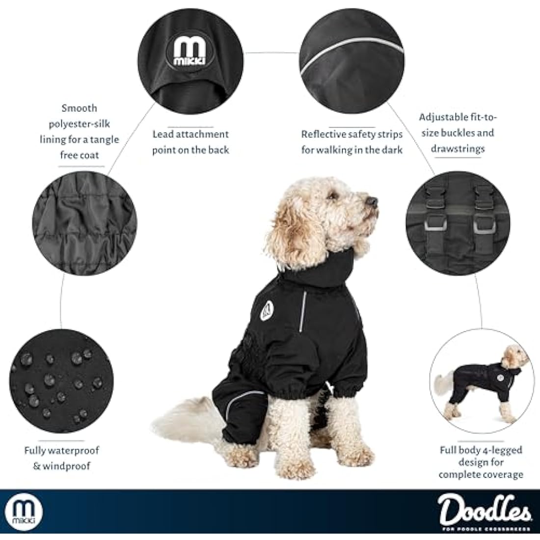 Mikki Doodles Dog Raincoat, Waterproof, Windproof, Silky Lining, Less Friction Means Less Knots & Tangles, Size Extra Large