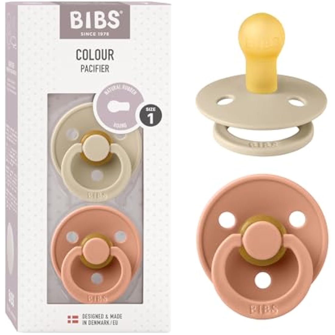 BIBS Colour Soother 2-Pack, BPA Free Dummy Pacifier, Round Nipple. Natural Rubber Latex, Size 1 (0-6 Months), Vanilla/Peach