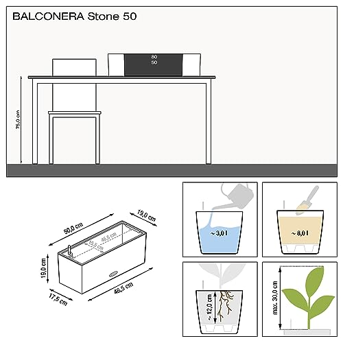 Lechuza BALCONERA Stone 50 Self Watering Planter Plastic Indoor/Outdoor Flower Plant Pot Table and Window Box with Drainage Hole H19 L50 W19 cm Sand